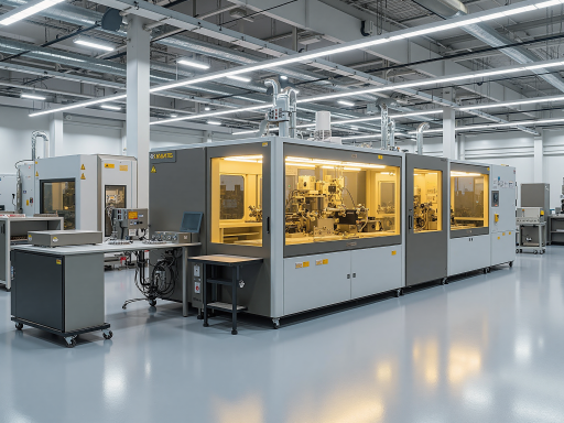 Modern manufacturing facility with industrial equipment and workers in protective gear, bright indoor lighting