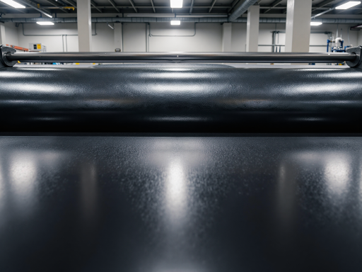 High density polyethylene HDPE geomembrane roll, black material, outdoor storage area