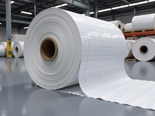 Woven geotextile fabric roll, white to light gray color, industrial setting